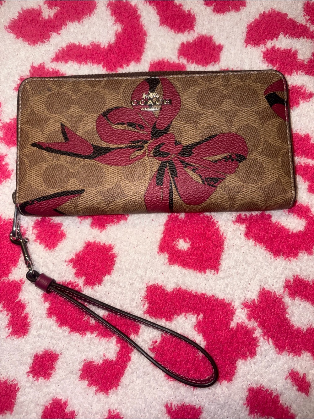 Coach Brown Signature Floral Zip Wristlet Wallet - Pink Bow Accent